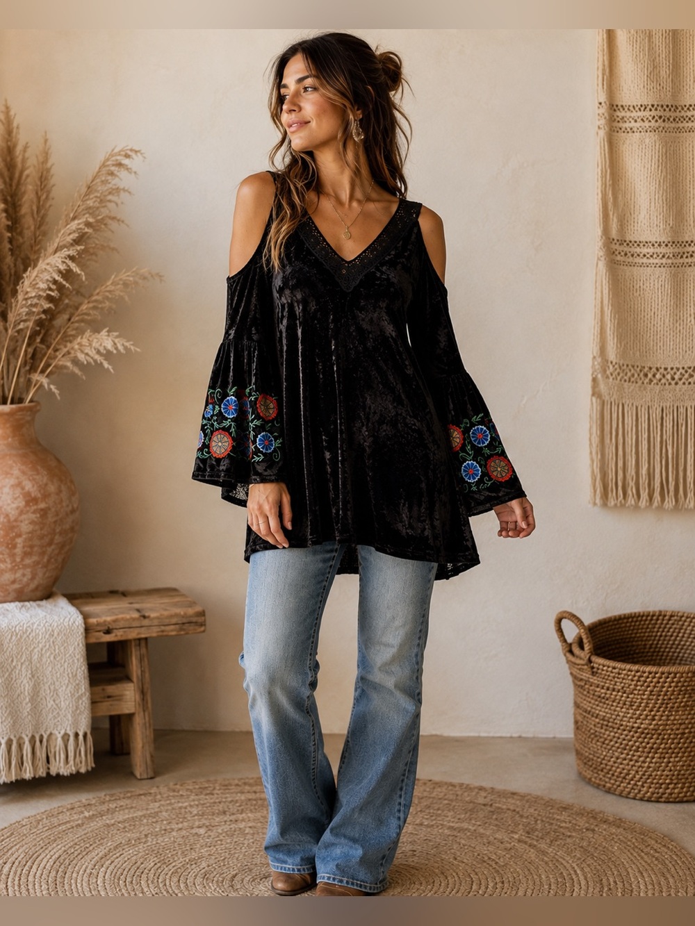 A&A Black Velvet Embroidered Sleeve Tunic Top Size S